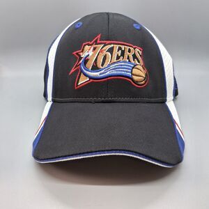 Reebok Philadelphia 76ers Hat Black White Blue NBA Hook Loop Strapback Cap Vtg